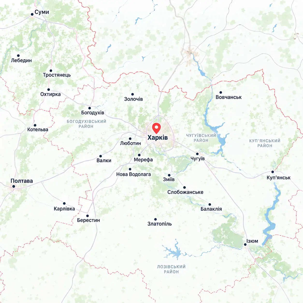 Карта Харківської області з позначенням міста Харків
